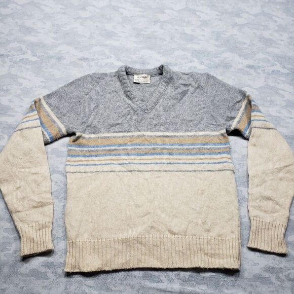Vintage‎ Campus Sweater Womens Medium Tan Striped V Neck Wool Blend - Picture 1 of 8